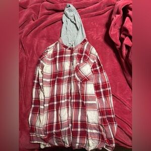 Red and White Plaid Button Down Shirt with Hood